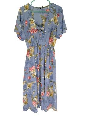 Vijo Couture Dusty Blue Floral V Neck Short Sleeve Midi Dress